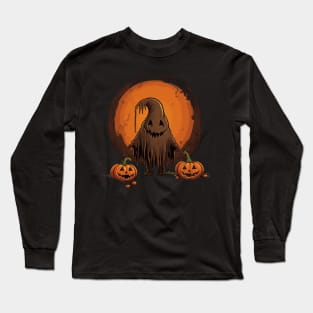 Ghost with Pumpkin and Full Moon Long Sleeve T-Shirt